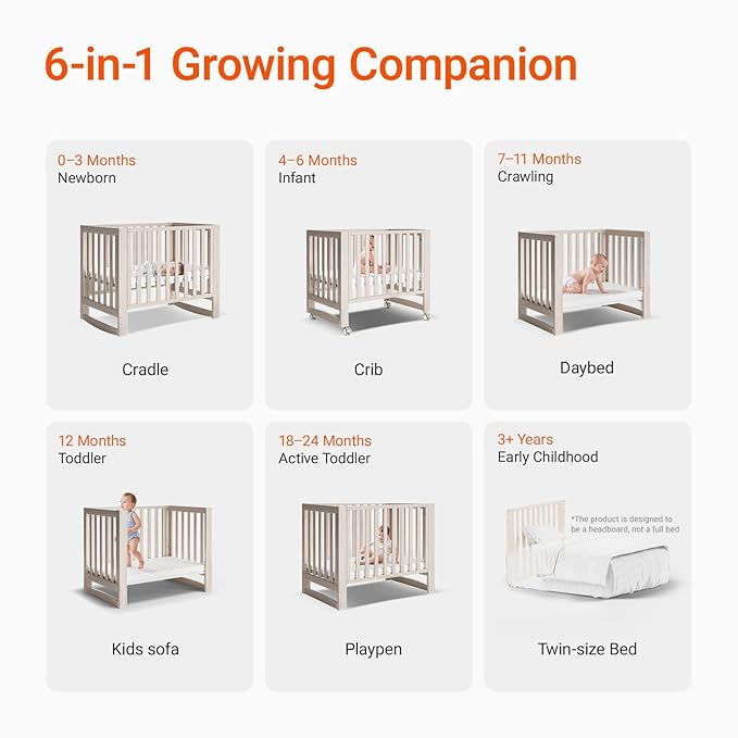 EvoNest Baby Crib, 6 in 1 Convertible Mini Crib with Wheels, 100% New Zealand Wood Growing Bed, 4 Adjustable Mattress Height, Wahsed Natural (Beige)
