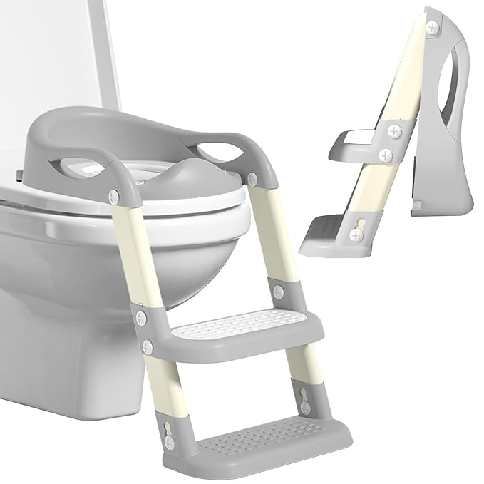 Potty Training Seat with Step Stool Ladder, Adjustable Foldable Potty Seat for Toilet with Anti-Slip Pads Ladder for Kids Boys Girls Toddlers - Grey