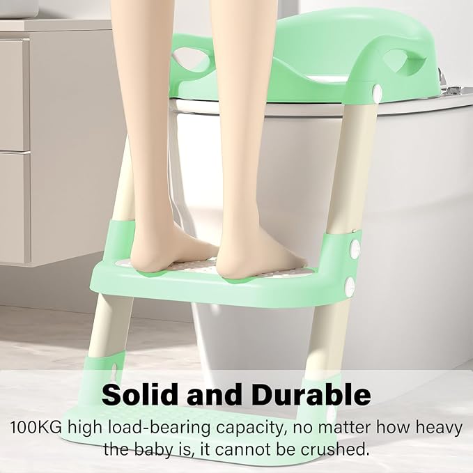 Potty Training Seat with Step Stool Ladder, Adjustable Foldable Potty Seat for Toilet with Anti-Slip Pads Ladder for Kids Boys Girls Toddlers - Green