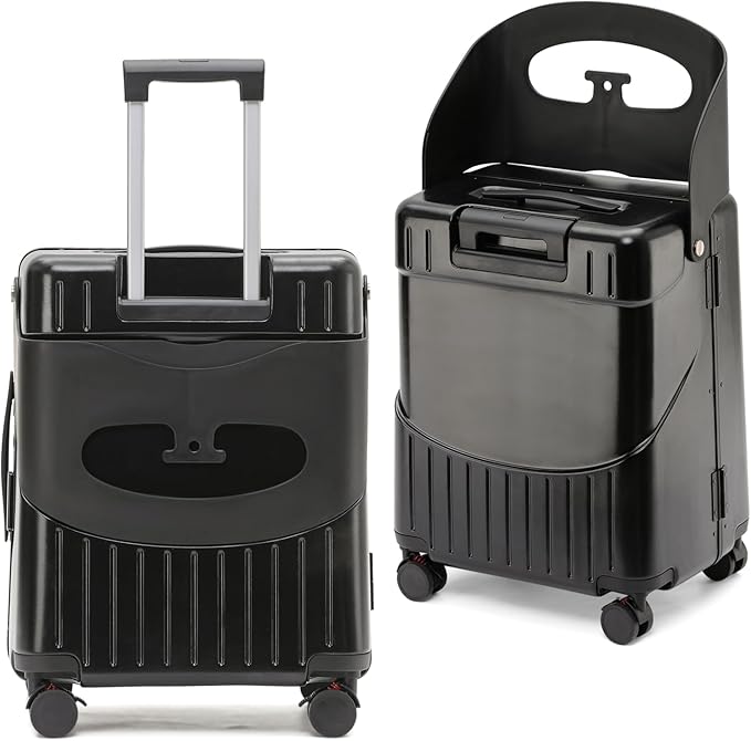 22 Inch TSA Lock Luggage with Seat for Adults and Kids,Check in Lockable Spinner Wheels Suitcase with Belt and Cover (TSA Luggage with Seat Black)