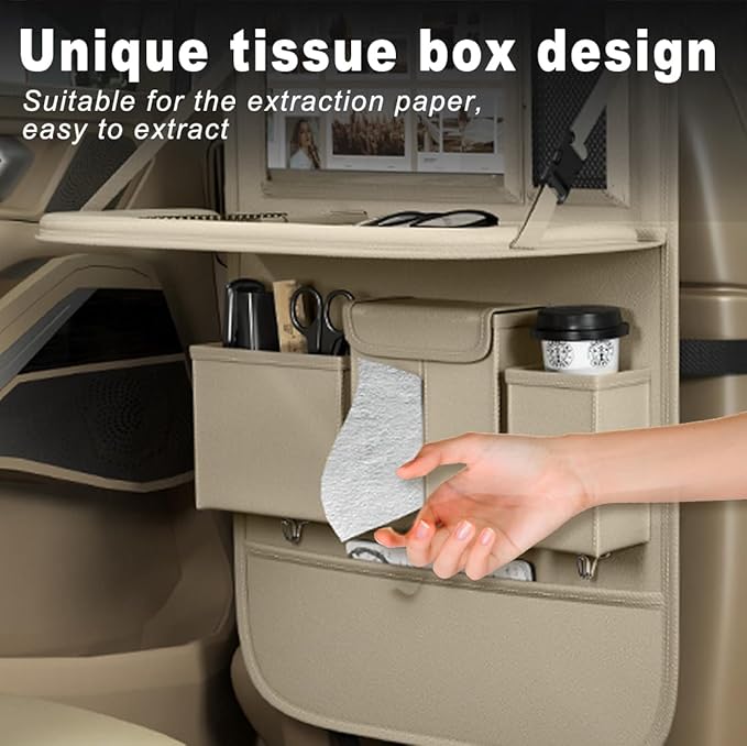 Car Seat Organizers,Multi-functional Back Seat Protectors, Storage Pouches, and Tray Holders (for Cars, Kids, Seat Back and Rear Seats) (Plain Beige, 2 Pcs)