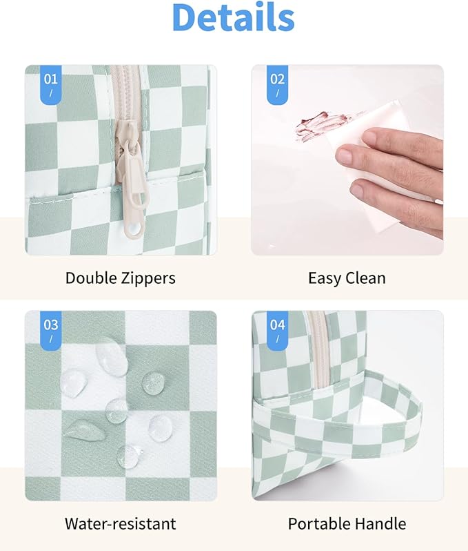 Narwey Clear Toiletry Bags for Traveling Women Men, Clear Travel Bags for Toiletries Makeup Bag Cosmetic Bag with Zipper, Make Up Organizer, Skincare Bag (Mint Green Checkerboard)