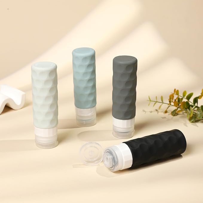 Travel Bottles for Toiletries, 4pcs Tsa Approved 3oz Travel Size Containers, BPA Free Leak Proof Premium Silicone Bottles, Refillable Liquid Squeezable Accessories W/Toiletry Bag
