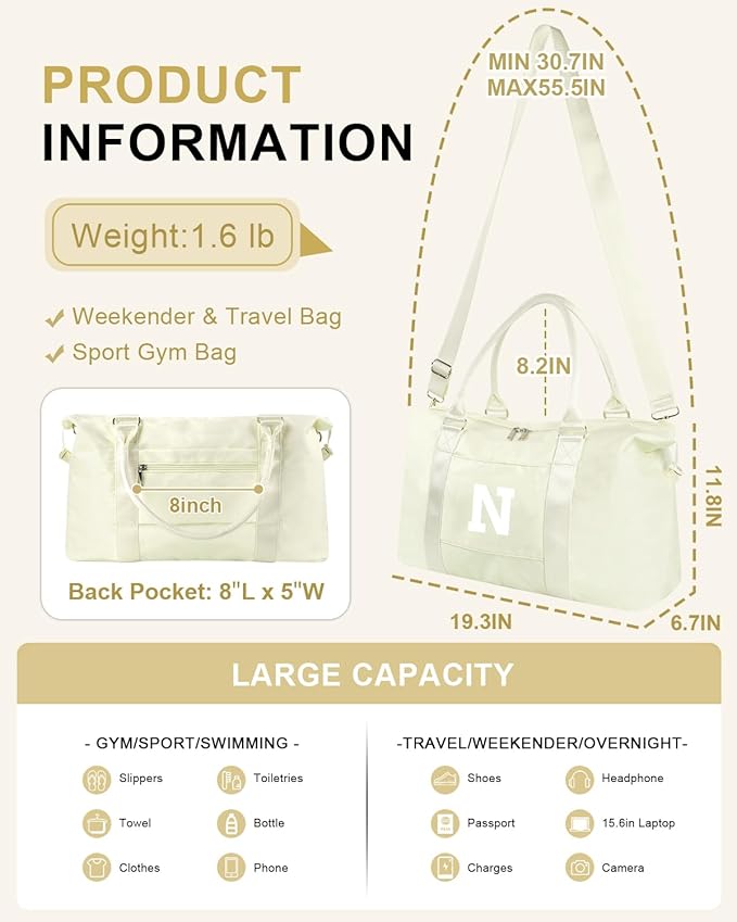 Initial Travel Duffel Bag Sports Gym Bag for Kids Teen Birthday Gifts,Beige Personalized Weekender Bag Carry On Dance Bags for Women Men,Waterproof Monogram Overnight Bag with Trolley Sleeve(Letter N)