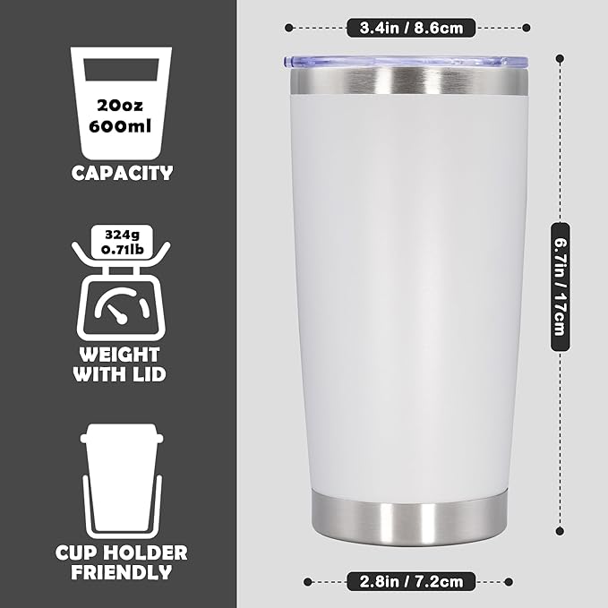 20oz Tumbler Stainless Steel Tumbler Cup with Lid Vacuum Insulated Double Wall Travel Mug, Durable Powder Coated Travel Coffee Tumbler Mug for Hot & Cold Drinks, White,1 Pack