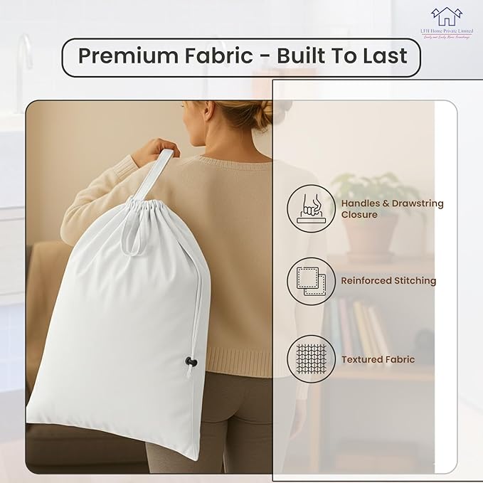 LFH Home Cotton Canvas Large Laundry Bag with Handle, Heavy Duty Drawstring Closure Washable Laundry Bags, School Travel, Home, Hotel, College Dorm, Organizer Sack, Toy Clothes 20x30 (Pack of 2)-White