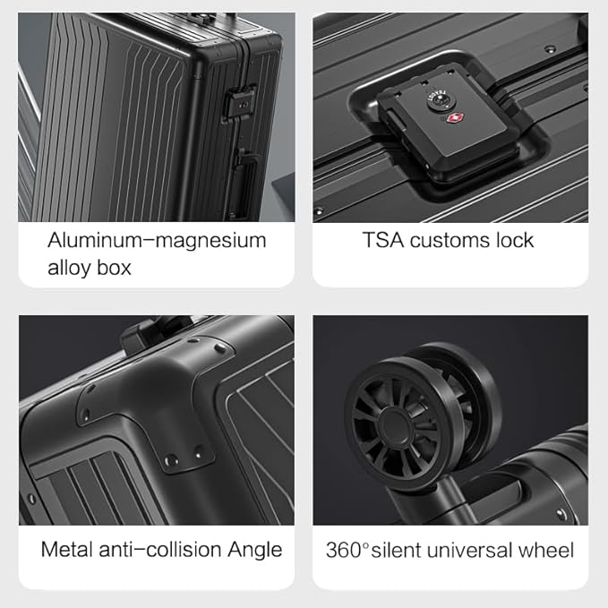 Metal all aluminum carry-on suitcase 20 "hard face, TSA lock and rotating wheel zippered luggage set (silvery, 24 '')