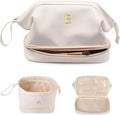 Monogrammed Gift for Women Girls, Initial Makeup Bag, Personalized Double Layer Cosmetic Bag with Makeup Brush Organizer, Large Capacity PU Leather Travel Toiletry Bag, Sister Gifts