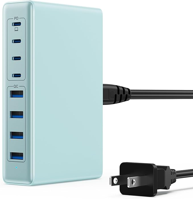 200W USB C Charger Block,GaN IV Charging Station 8 Ports,QC4.0 Fast Charging Station Hub+PD 65W USB C Laptop Charger Adapter Compatible with MacBook Air/Pro,DELL,iPhone 16/15,iPad,Steam Deck-Sky Blue