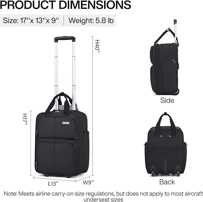Hanke Softside Expandable Underseat Carry On Luggage for Airplanes,Travel Luggage Rolling Bag Personal Item Bag Small Suitcase,Black,16-Inch