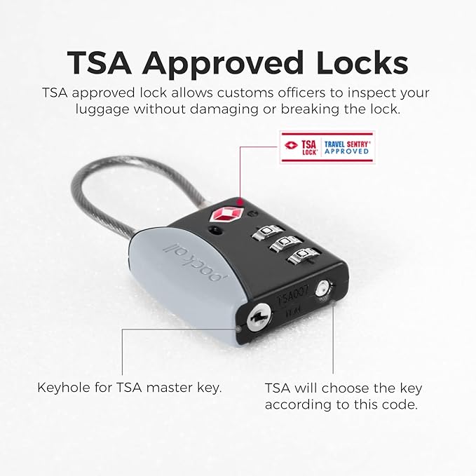 pack all TSA Approved Cable Luggage Locks, 3 Digit Combination Padlocks, Travel Lock for Suitcases & Bag, Alloy Body, Travel Accessories (1 Pack)（Grey）