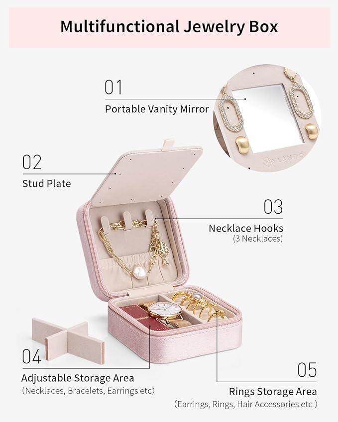 Vlando Mom Gifts for Women, Travel Jewelry Case for Mother Gifts, Travel Gifts from Daughters, Travel Essentials Small Jewelry Box - Letter T, Pink