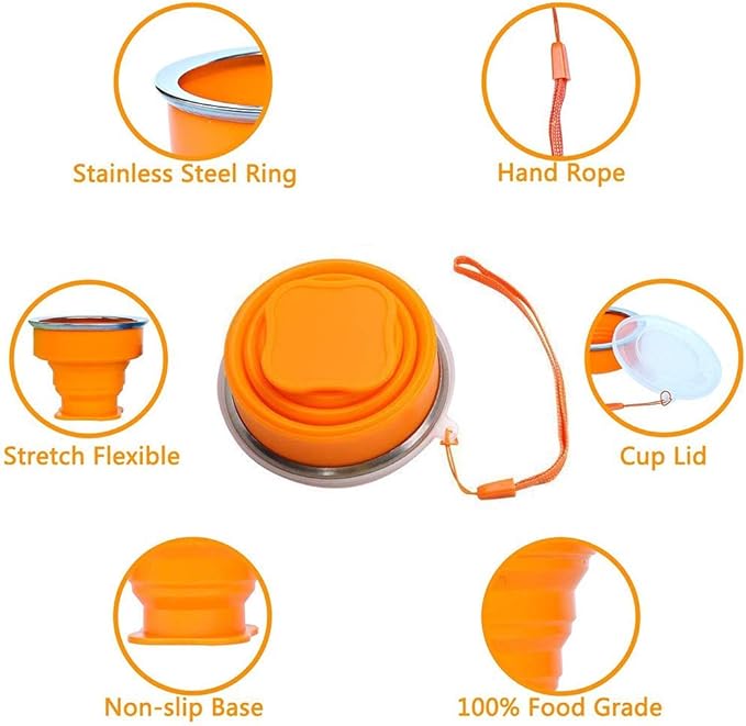 Silicone Collapsible Travel Water Cup, 6Pack Collapsible Silicone Cup with Lid, Expandable Drinking Cup Set, Reusable Mug for Camping, Hiking, Travel