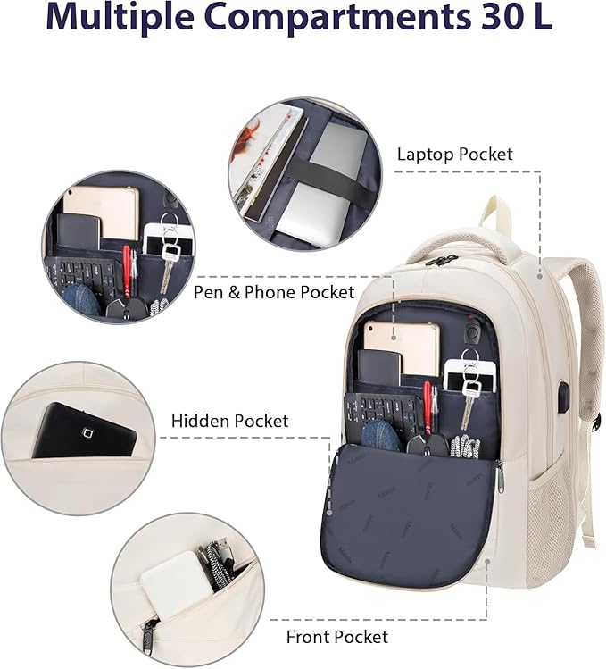 MATEIN 17 Inch Laptop Bookbag for Women, College School Backpack Large Capacity with USB Port & Luggage Strap, Water Resistant Padded Computer Backpack TSA Approved for Nurse Work Travel, Beige