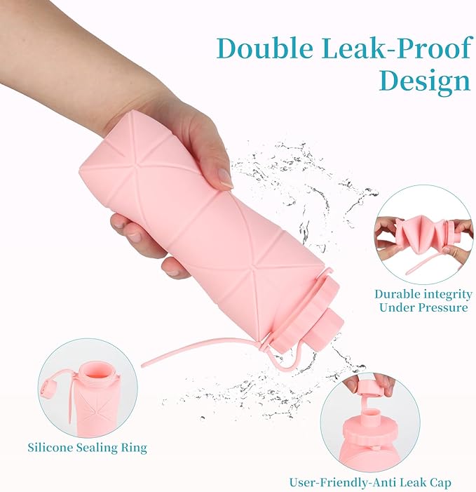 Silicone Collapsible Water Bottles,Lightweight Reusable Leakproof For Traveling Camping Hiking Cycling Sports Outdoor,Foldable Portable Travel Water Bottle 600ML Dark Grey And Pink 2Pack.