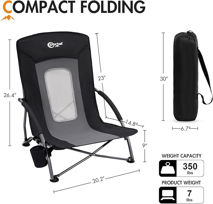PORTAL Beach Chairs for Adults Camping Low Lightweight Portable Chair with Cup Holder Mesh Back Carry Bag for Outdoor Sand Lawn Travel Picnic Festival Concert, 350LBS