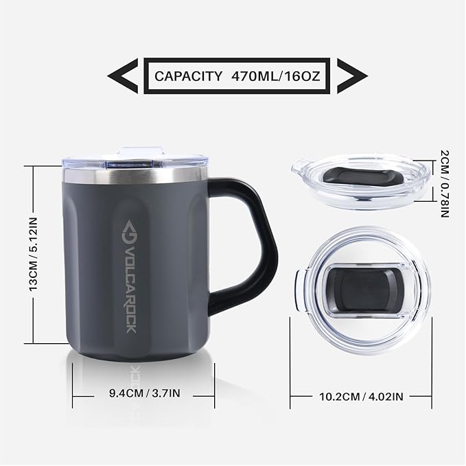 Stainless Steel Coffee Mug Cup with Handle, 16 oz Double Wall Vacuum Insulated Travel Mug Tumbler With Slider Lid, Insulated Camping Tea Flask for Hot & Cold Drinks (Grey)