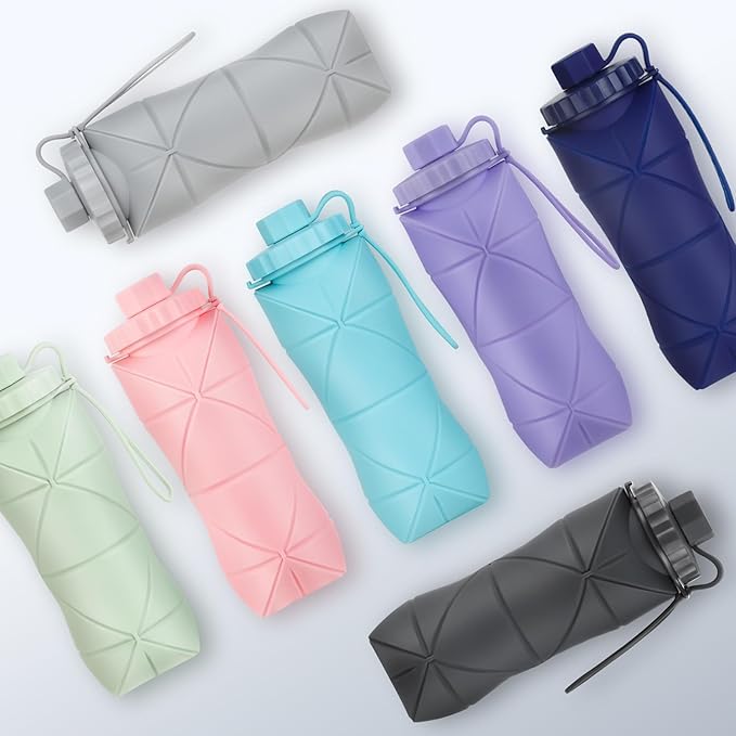 YCT Collapsible Silicone Travel Water Bottle 20oz (600ml), Reuseable Leakproof BPA Free Foldable Sports Bottle, with Carrying Strap, Blue + Pink
