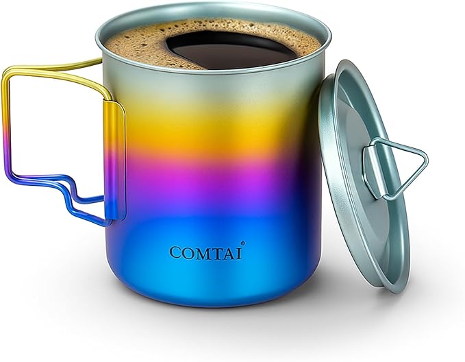 Titanium Camping Pot Mug 15oz (420ml) with Lid and Foldable Handle – Ultralight Camping Cup for Hiking, Backpacking, Outdoor Cooking, Rainbow