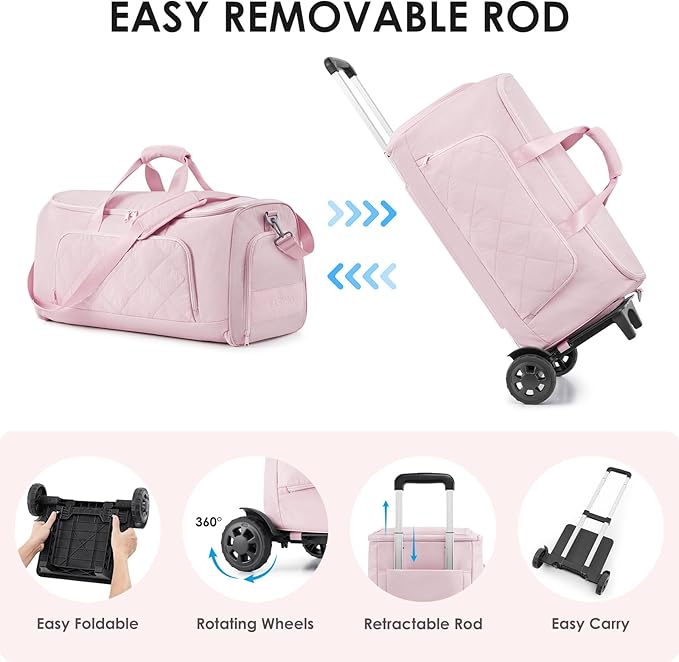 Rolling Garment Bag for Travel,Duffle Garment Bag with Wheels and Shoe Compartment for Men and Women,3 in 1 Suit Dress Bags with Wheels (Pink)