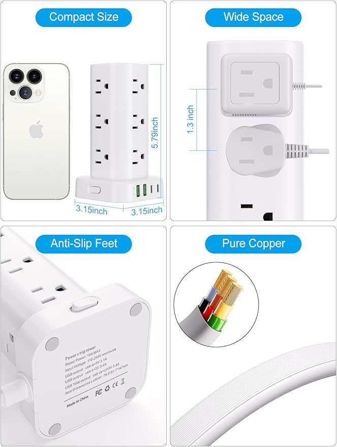 Power Strip Tower with Wireless Charger, Flat Plug Surge Protector Tower with 6FT Extension Cord, 12 AC Multiple Outlets, 4 USB (2 USB C),15W Wireless Charging Power Tower for Home Office Dorm, White