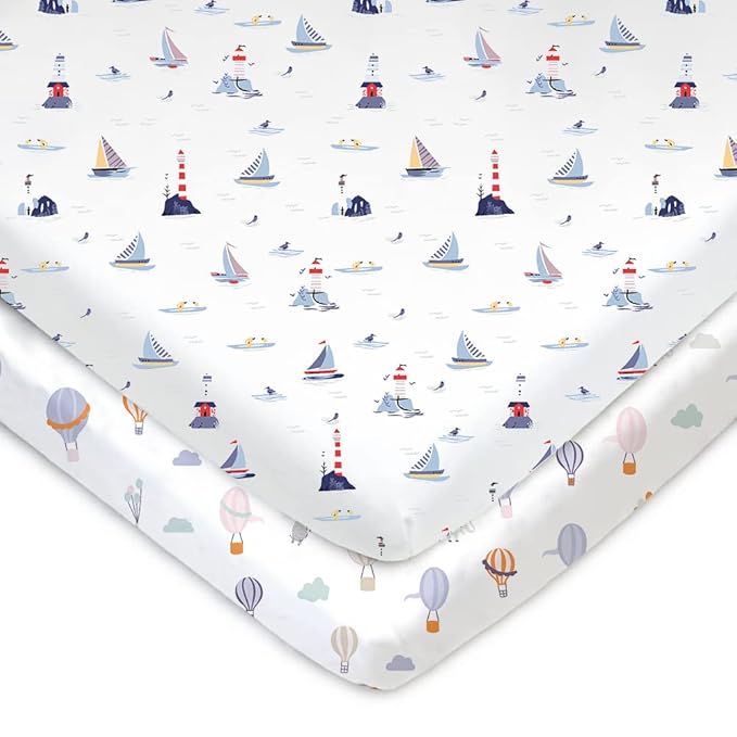 TotAha Premium Stretchy Pack N Play Playard Sheets | Mini Crib Sheets (2-Pack)-Hypoallergenic, Silky Comfort, Buttery Soft, Calming Effect, All-Season Jersey-Knit Sheets 38 X 24 (Balloon & Sailboat)