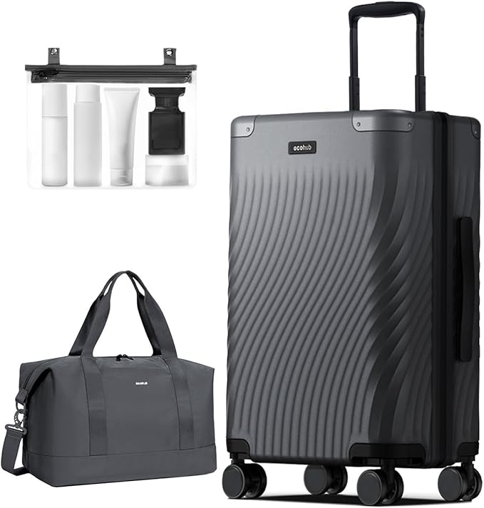 ECOHUB Hardside Expandable Carry On Luggage, Recycled PC 24" Rolling Luggage 26x16x11 Airline Approved with Spinner Wheels & TSA Lock, Lightweight Hardshell Travel Suitcase, 24inch Carry-on Grey