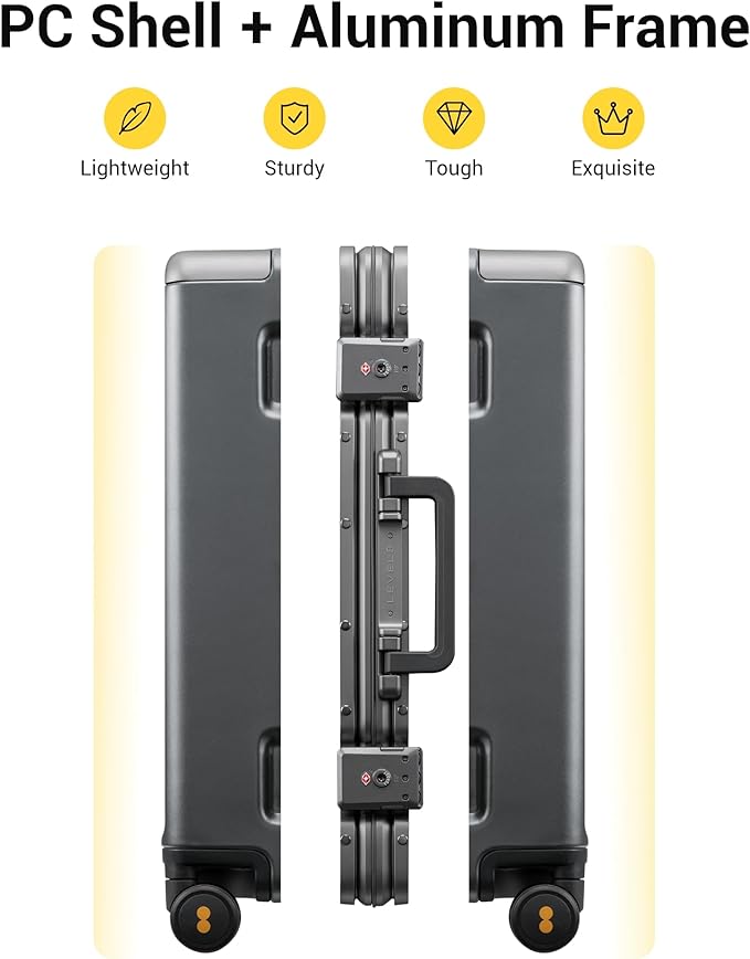 LEVEL8 Zipperless Carry On Luggage Airline Approved with Aluminum Frame, Hard Shell Suitcase with Spinner Wheels, Metal Checked Luggage with Double Tsa Locks, 20 Inch, Grey
