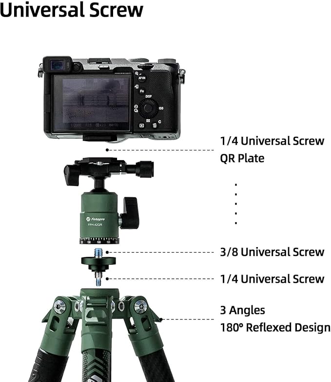 Fotopro Carbon Fiber Tripod 60 Inch 360 Degree Ball Head Quick Release Plate Lightweight Camera Tripod for Travel Tripod Folded Height Only 14.2",Max Loads up to 22lbs,Green