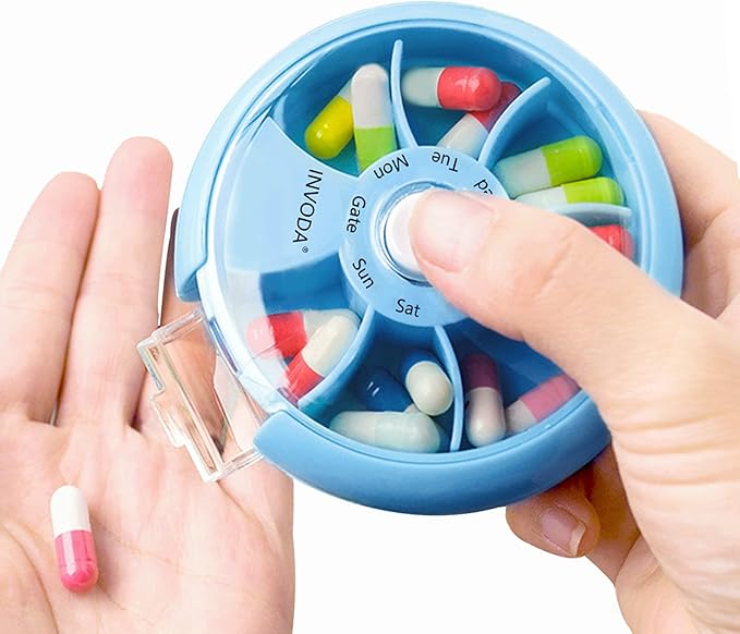 INVODA Weekly Pill Organizer 7 Compartment Rotating Pill Box for Daily Medication & Vitamins - Portable Travel Pill Case Fish Oil Supplements Vitamins Organizer (Green+Sky Blue+Orange)