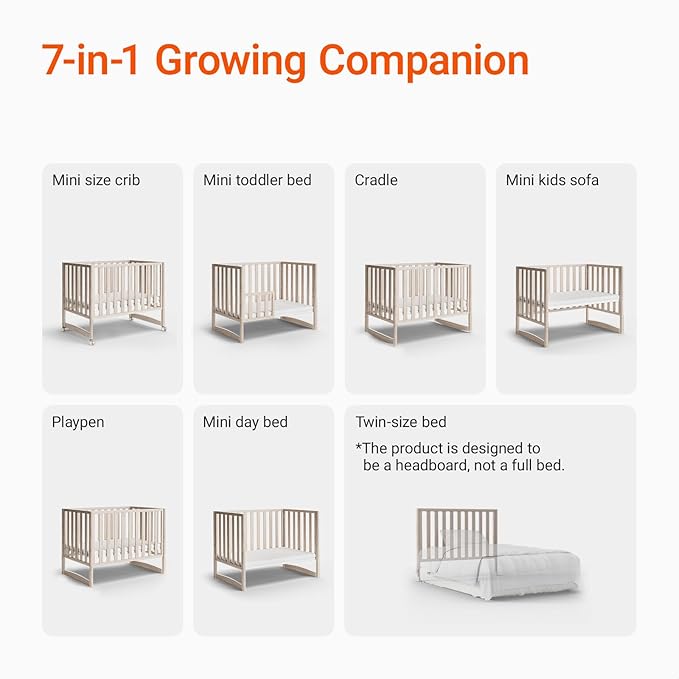 EvoNook 6-in-1 Convertible Mini Crib, 100% New Zealand Wood, 4 Adjustable Mattress Heights, Crib with Mattress, Washed Natural
