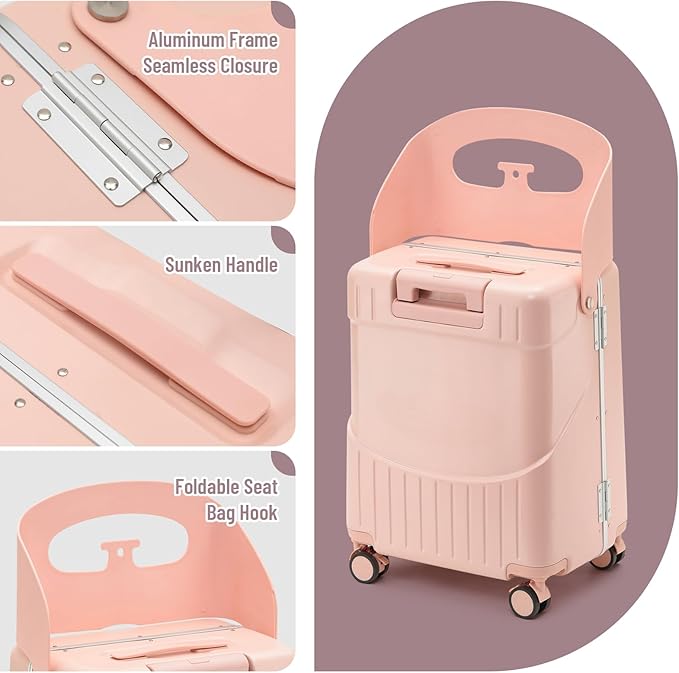 20-Inch Ride-On Suitcase for Kids & Adults – TSA-Approved Underseat Carry-On Luggage with 360° Wheels, Built-In Seat & Safety Belt – Lightweight Durable Spinner Suitcase for Airplane Travel Fits Ages