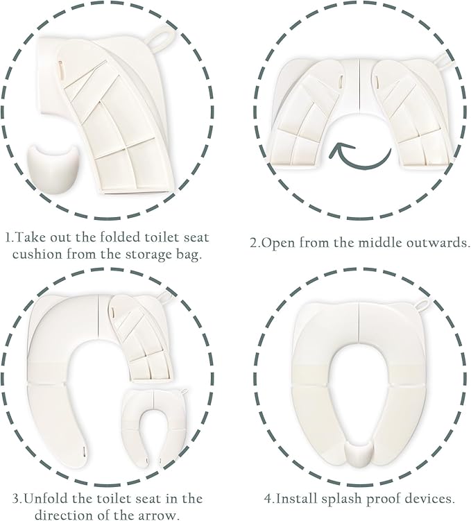 Kids Foldable Toilet Seat with Storage Bag - Training Urine Anti-Slip Toilet Seat Cover with Splash Guard for Children Toddlers, Portable & Travel-Friendly Easy Clean Universal Fit-White