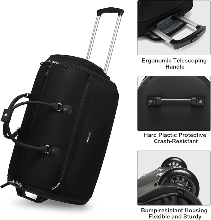 Modoker Rolling Garment Bags, Large Garment Duffle Bag with Wheels, 3 in 1 Garment Suit Luggage Bag for Women Men Business Travel Weekender, Black