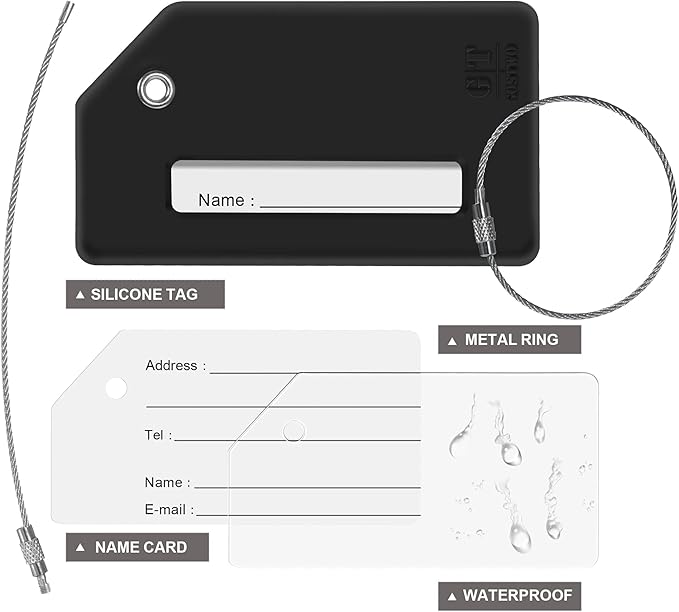 8 Pcs Luggage Tags for Suitcases, 26 Initial Letter Travel Luggage Baggage Identification Labels ID Tags Fully Bendable Tags with Stainless Steel Loop (Letter H, Black)
