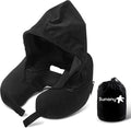 Neck Pillow for Travel Inflatable Airplane Pillow Comfortably Supports Head,Neck and Chin,Inflatable Travel Pillow with Soft Velour Cover,Hat,Portable Drawstring Bag (Black)