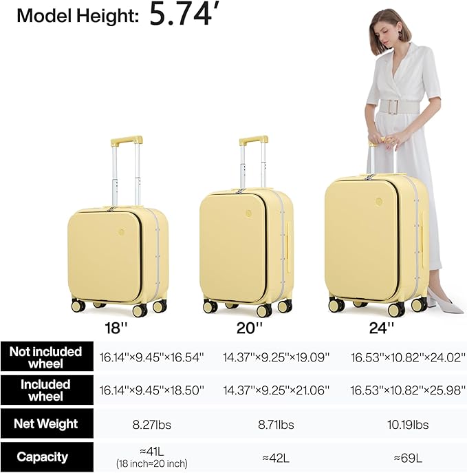 mixi Carry On Luggage, 20'' Suitcase with Front Laptop Pocket, Travel Rolling Luggage Aluminum Frame PC Hardside with Spinner Wheels & TSA Lock and Cover - Lark Yellow