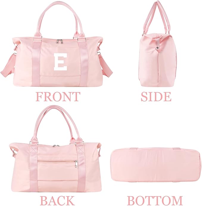 Initial Travel Duffel Bag Sports Gym Bag for Girls Teen Birthday Gifts,Pink Personalized Weekender Carry On Tote Bags for Women Men,Waterproof Overnight Luggage Bag with Trolley Sleeve(Letter E)