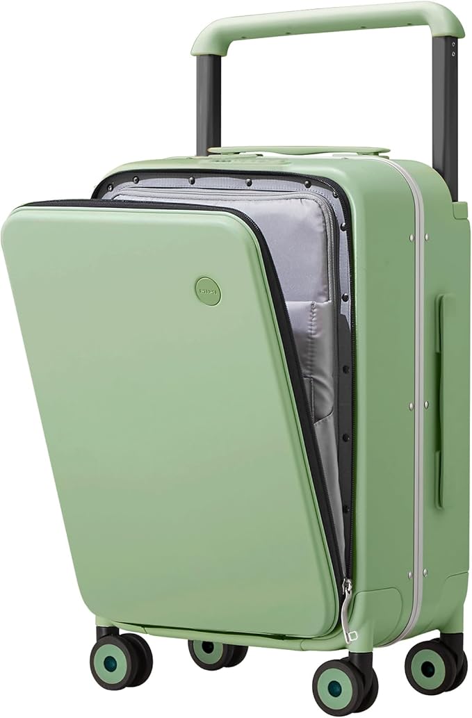 mixi Carry On Luggage Wide Handle Luxury Design Rolling Travel Suitcase PC Hardside with Aluminum Frame Hollow Spinner Wheels, with Cover, 20 inch, Avocado Green