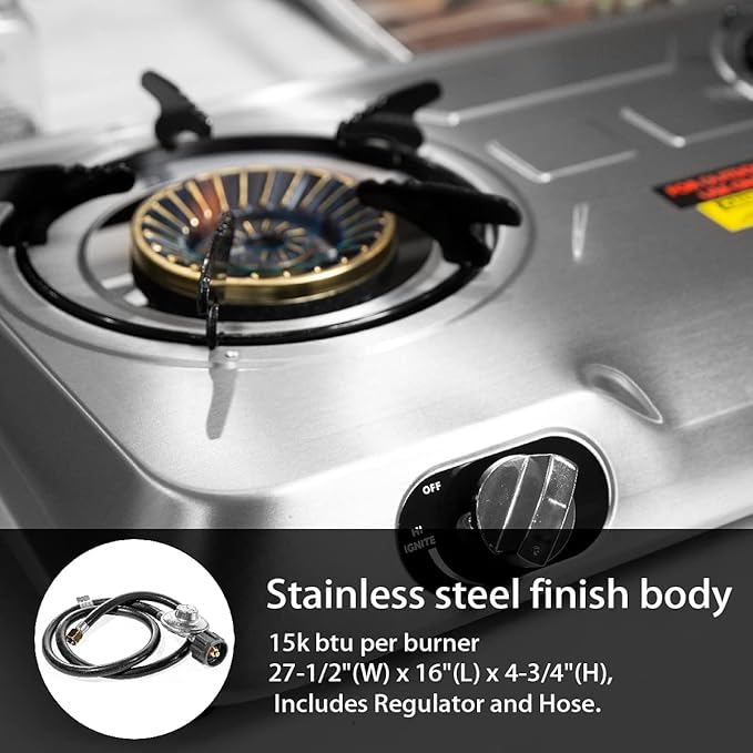 XtremepowerUS 25,516BTU Double Burner Stove Auto Ignition Cooktop Outdoor LPG Propane Camping 2 Stove Burner Portable Stove Burner, Stainless Steel
