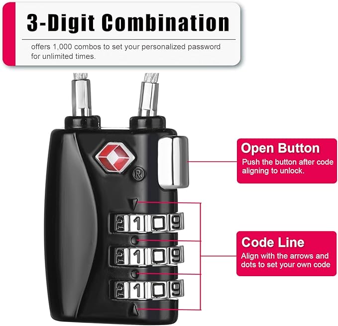 ZHEGE TSA Cable Luggage Lock Small Padlock for Suitcase, Baggage, Backpack, Pistol Case (2 Pack, Black)