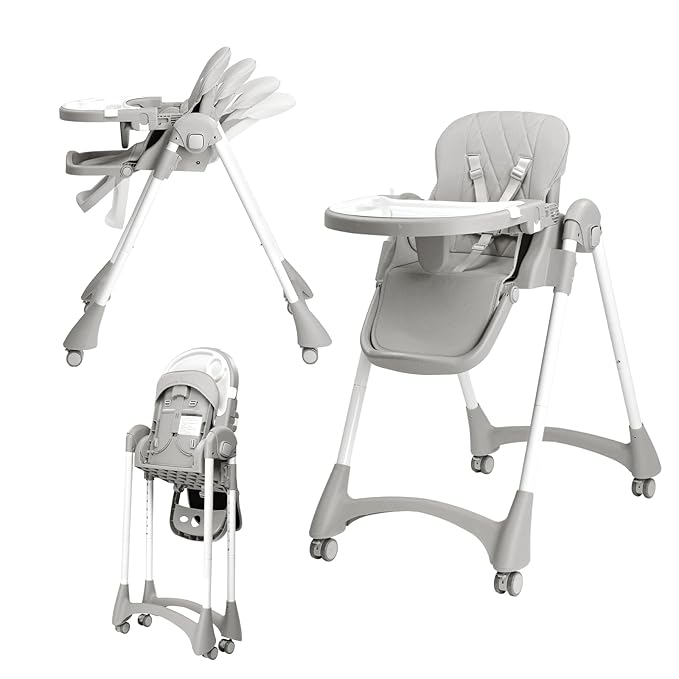 JOYMOR Foldable Baby High Chair, 4 in 1 Convertible Highchair for Eating, Height Adjustble and Multiple Recline, Compact Foldable Design for Easy Storage (Gray)