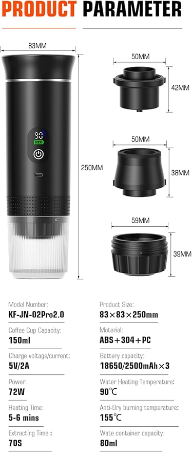 Portable Electric Coffee Maker, Digital Display, Compatible with Coffee Pods,Rechargeable Coffee Machine for Travel, Camping, RV,Home,Office (grey)