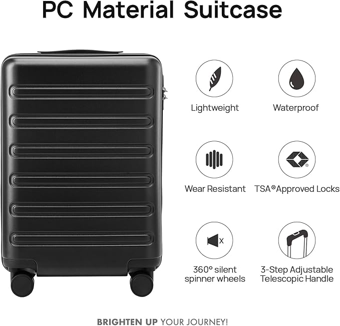 Carry on Luggage 22 X 14 X 9 Airline Approved, 20 Inch Luggage for 3-5 Days Travel, Double Spinner Wheels, 100% Hardshell PC, TSA Lock (09-Black, Checked 28-Inch)