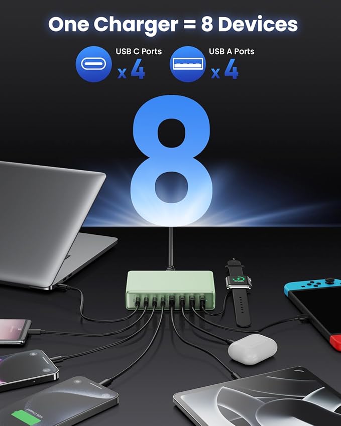 200W USB C Charger Block,GaN IV Charging Station 8 Ports,QC4.0 Fast Charging Station Hub+PD 65W USB C Laptop Charger Adapter Compatible with MacBook Air/Pro,DELL,iPhone 16/15,iPad,Steam Deck-Green