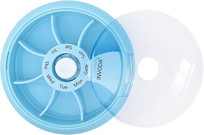 INVODA Weekly Pill Organizer 7 Compartment Rotating Pill Box for Daily Medication & Vitamins - Portable Travel Pill Case Fish Oil Supplements Vitamins Organizer (Sky Blue)