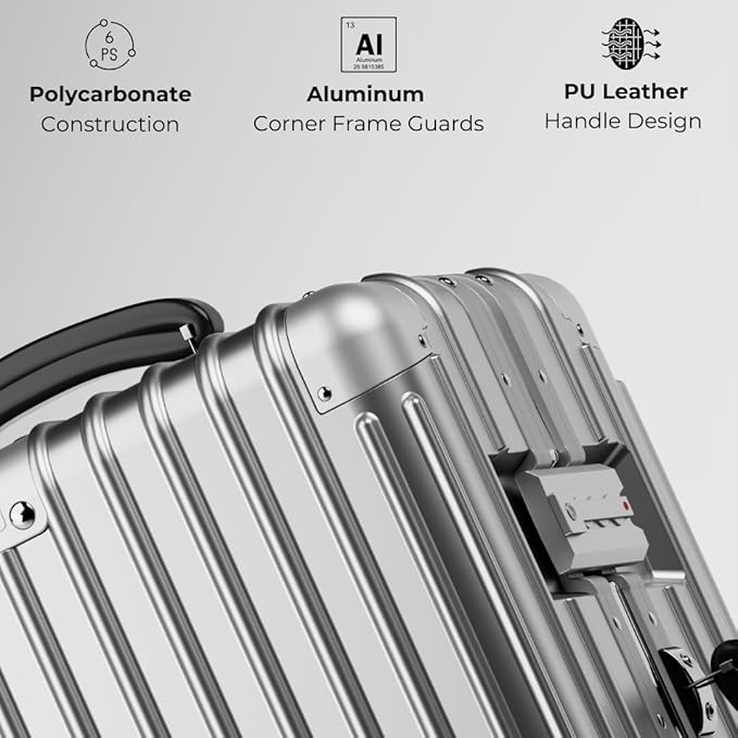KARGO 20 Inch Carry-On Luggage - Polycarbonate Hard Shell Suitcase with Aluminum Corners, Smooth-Rolling Wheels, Leather Handle, Aluminum Frame Luggage, Zipperless TSA Lock (Silver, 20 Inch Carry-On)