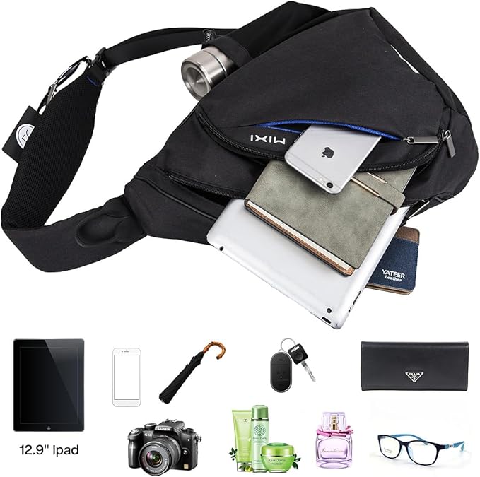 mixi Sling Bag Men Backpack Unisex One Shoulder Bag Hiking Travel Backpack Crossbody with USB Port for Men Women Versatile Casual Daypack-19 inch,Black