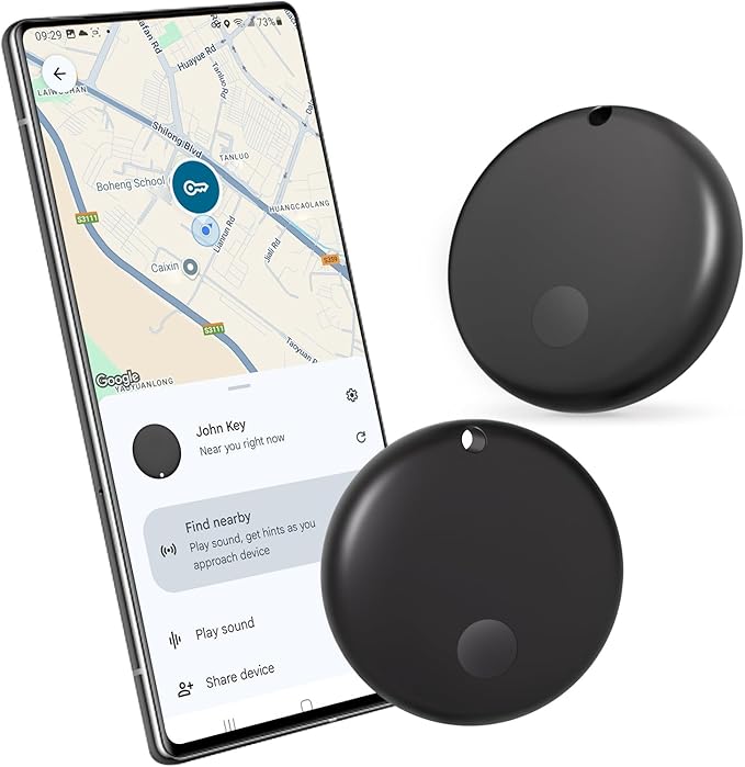 Android Tracker Tags, Works with Google's Find Hub App (Android only), Key Finder Item Locator Tracking Device Smart Tags for Luggage, Wallet, Vehicles, Keys (Black, 2 Pack)