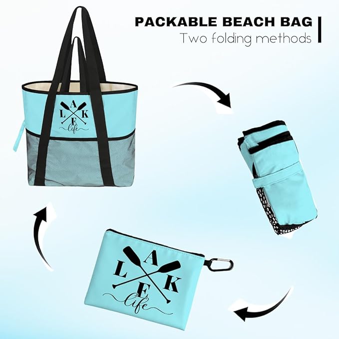 8-Pocket Waterproof Tote for Women -Sandproof Beach Bag with Zipper& Family | Foldable Travel Swim Bag (Gift-Ready)